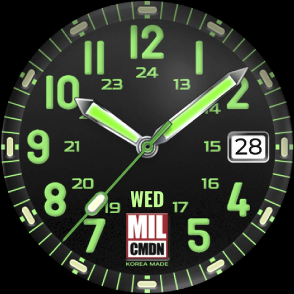24H Military — Black · Green squared numerals
